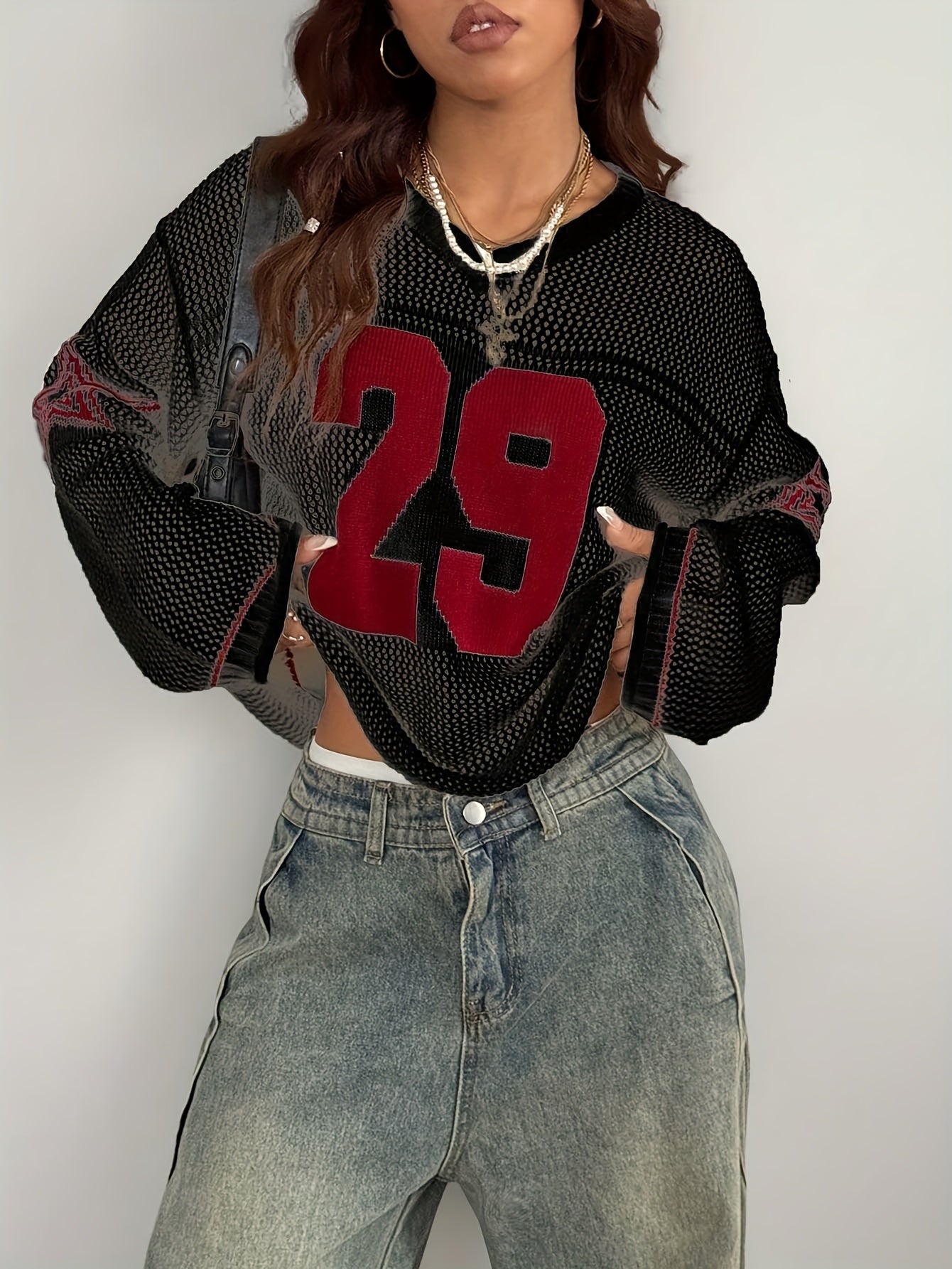 Elegant Women's V-Neck Knit Sweater - Long Sleeve, Color Block with "ESP" Lettering & Star Pattern, Semi-Sheer Acrylic Pullover for Summer, Hand Wash or Dry Clean, White & Red Design, Ladies Sweaters